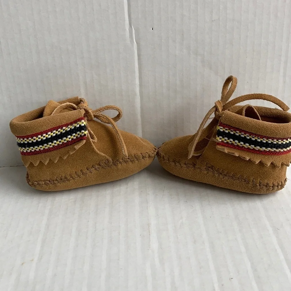 Baby Minnetonka Moccasin brown suede yellow black red braided booties with tie